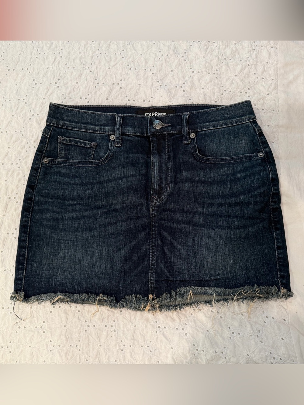 Express Dark Wash Denim Mini Skirt with Frayed Hem